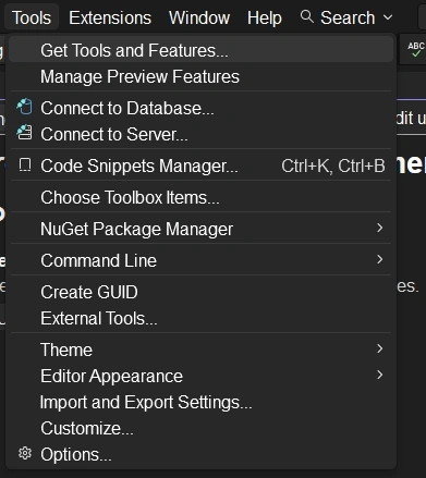 Get new tools and features visual studio